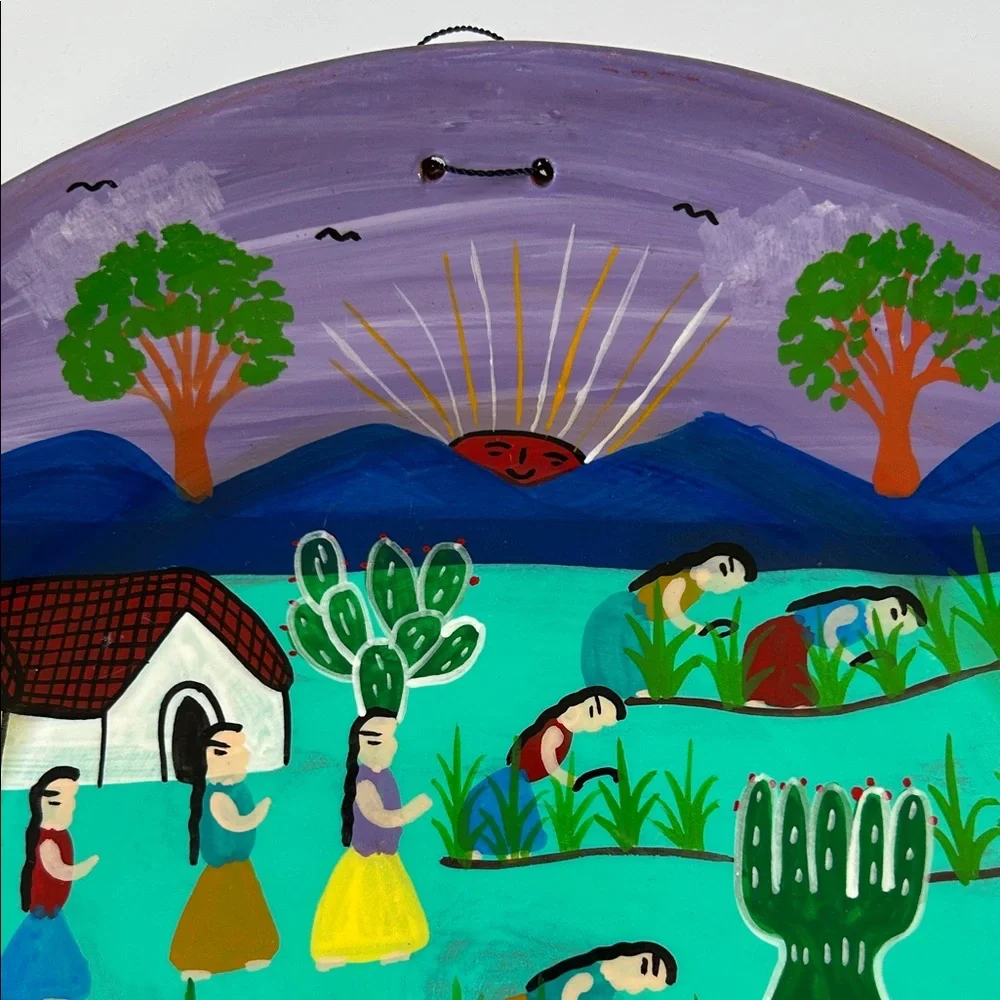Vintage Handpainted Mexican Folk Art “ Village Women “ Wall Hanging Plate